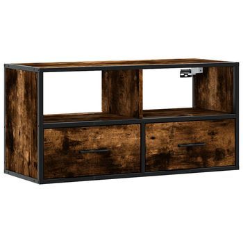 Mueble Tv | Mueble De Salón | Gabinete De Tv Metal Y Madera Contrachapada Roble Humo 80x31x39,5 Cm
