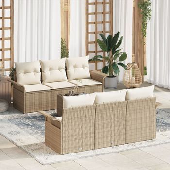 Juego De Sofá De Jardín De 7 Piezas Con Cojines Beige Ratán Poliéster V8373 Unico / Beige