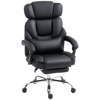 HOMCOM Silla de Oficina en Cuero PU con Reposapiés, Reposacabezas Ajustable y Soporte Lumbar, Negro