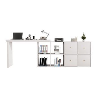 Escritorio Esquinero En L Giratorio 360° (120x48x78 Cm) Con 4 Cajones Y Estantes, Madera Mdf, Blanco