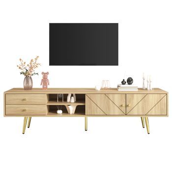 Mueble De Tv 160 Cm Para Salón, Diseño Estriado Y Patas De Metal, Mdf, Color Madera