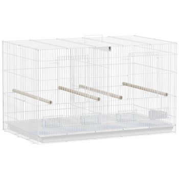 PawHut Jaula para Pájaros con Divisor 4 Comederos 4 Perchas Bandeja Extraíble para Loros Canarios Periquitos 76x46x46 cm Blanco