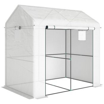 Outsunny Invernadero de jardín PE, invernadero de balcón, cubierta reforzada 135 g/m², estructura de acero, puerta con cremallera, 200 x 140 x 200 cm, blanco   Aosom España