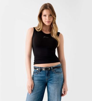 Guess para mujer. W6YP17K3881 Top con logo de pedrería negro (S), Casual, Modal, Sin mangas / Tirantes