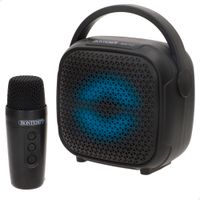 bontempi - altavoz mini inalambrico con microfono luces led rgb conexion bluetooth radio fm entrada usb microsd y jack sonido envolvente diseno compacto y portatil ideal para ambientar fiestas