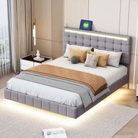 cama tapizada con cabecero - 140 x 200 cm - estructura de cama flotante - led - tela de lino - gris
