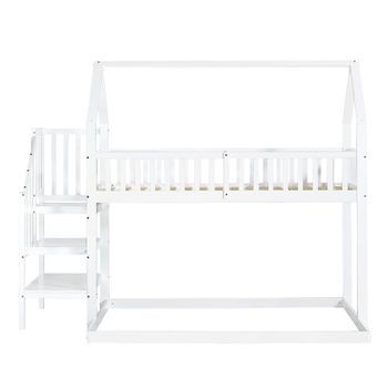 Litera Con Escalera Y Barreras Anticaída 90x200cm Madera Maciza Blanco
