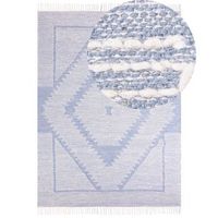alfombra de algodon azul blanco crema 140 x 200 cm geometrico tribal borlas ansar