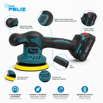 DON FELIZ Pulidora Inalámbrica 21V 600W con 9 Velocidades, Pulidora Eléctrica a Batería con 4 Almohadillas Intercambiables para Pulir, Encerar y Lijar Coche, Muebles y Suelos