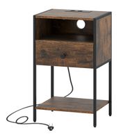 costway mesita de noche estacion de carga industrial almacenamiento cajon estante compacta dormitorio sala de estar marron rustico y negro