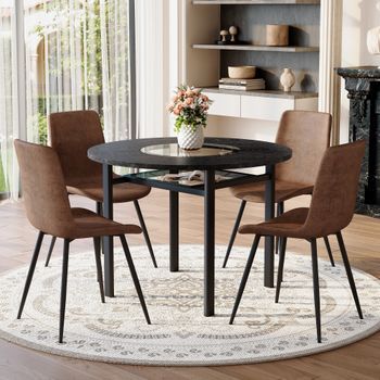 Conjunto De Mesa Y 4 Sillas - Mueble De Salón - Mdf Y Metal - Marrón Y Negro (100x100cm)
