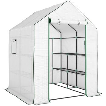 Outsunny Invernadero de Exterior con 6 Estantes Puerta Enrollable Cubierta de PE y Marco de Acero 140x143x190 cm Blanco