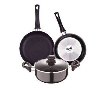 Juego de 2 sartenes ø20ø24cm + cacerola con tapa de ø24cm en aluminio prensado y antiadherente pixel chef sauce