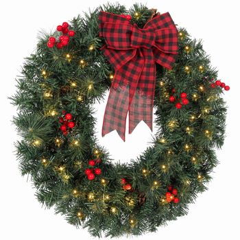 HOMCOM Guirnalda Navideña de 60 cm con Luces LED 8 Modos, Lazo, 140 Ramas, Piñas y Bayas, Corona de Navidad, Verde