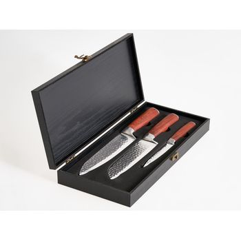 Conjunto De 3 Cuchillos De Cocina Modernos Afilados A Mano Dureza 62 Hrc Acero Inoxidable De Damasco Marrón Kashiwa