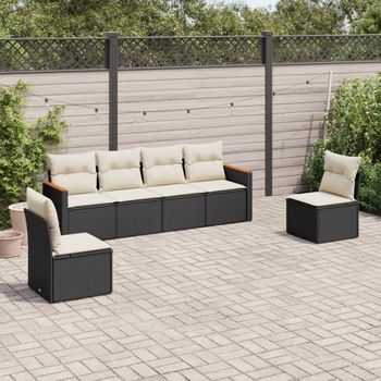 Conjunto De Sofás De Jardín 6 Uds | Mueble Jardin Mesa Y Sillas Y Cojines Ratán Sintético Negro Cfw855811