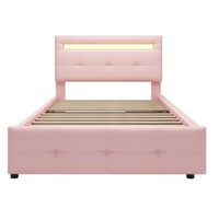 cama individual 90x200cm en tejido de lino con led y 2 cajones rosa