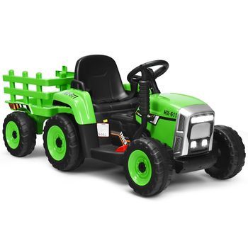 Tractor Infantil De 3 Velocidades Tractor De Paseo De 12 V Con Remolque Extraíble Y Luces Led, Bocina Y Funciones Usb Verde
