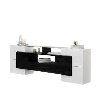 Mueble De Tv 200 Cm Blanco Y Negro Con Luces Led Multicolor, Superficie De Cristal, Tablero De Partículas
