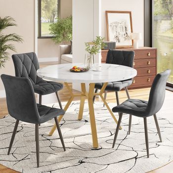 Conjunto De Mesa Y 4 Sillas - Mueble De Comedor - Mdf Y Acero - Gris Y Dorado (100x100x75cm)