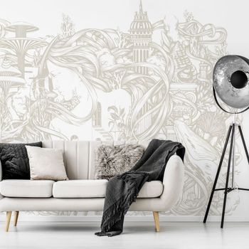 Papel pintado panorámico gráfico de mundos submarinos, beige