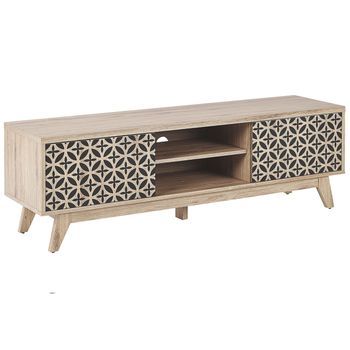 Mueble Tv Madera Clara Mdf Diseño Puertas Sala De Estar Orificio Para Gestión De Cables Prescot