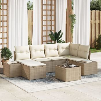Conjunto De Sofá De Jardín  De 7 Piezas Con Cojines En Ratán Polímero Marrón V7275 Unico / Beige