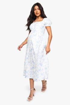 Vestido Premamá Midi De Mesonera Con Mangas Abullonadas Y Estampado Efecto Porcelana, Azul