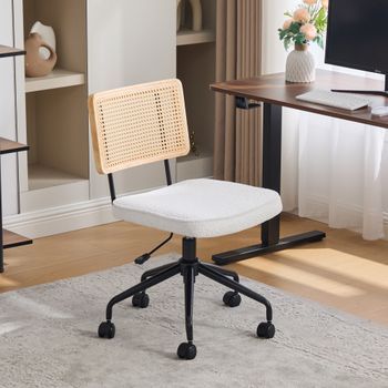 Silla Giratoria De Altura Regulable, Chenilla Marfil Y Respaldo De Ratán, 55 × 58,5 × 91,5 Cm