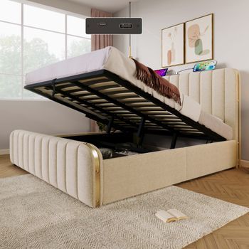 Cama Tapizada De 180x200, Doble, Con Usb-c, Rayas Doradas, Almacenamiento Hidráulico, Lino, Beige, Con Colchón.
