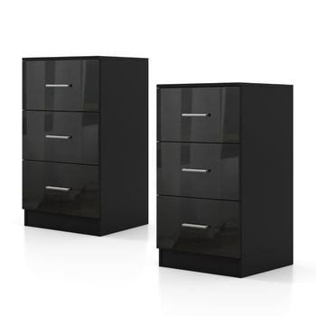 Costway Juego de 2 Mesitas Auxiliares 3 Cajones Almacenamiento Antivuelco Dormitorio Sala Estar Negro