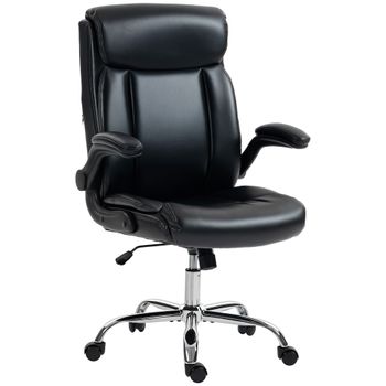 HOMCOM Silla de Oficina Ergonómica con Reposabrazos Abatibles, Sillón de Oficina en PU, Altura Ajustable, Función de Balanceo, Negro