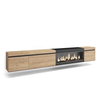 Mueble Tv | Televisión | Muebles De Salón, Almacenaje | 288x45x35 Cm | Para Tv Gran Formato | Chimenea Eléctrica Xxl | Colgado, Suspendido | Estilo Moderno | Roble Y Negro