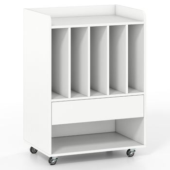 Costway Mueble para Vinilos Móvil con Ruedas 5 Compartimentos Cajón y Estante Abierto Blanco Madera 52x35,5x73 cm para Salón o Oficina