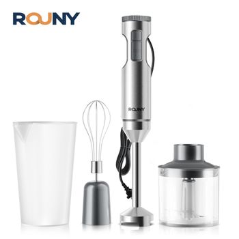 ROUNY Licuadora de inmersión manual 4 en 1 potente de 1000 W, batidora de alimentos con varilla de acero inoxidable, vaso mezclador de 700 ml, procesador de 500 ml, batidor