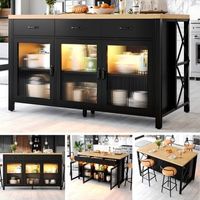 isla de cocina de 150x80x90cm 3 cajones puertas de cristal led patas ajustables negronatural