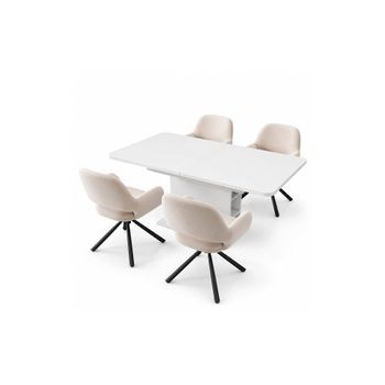 Conjunto Comedor Blanco Extensible 110-130 Cm Con 4 Sillas Beige De Terciopelo