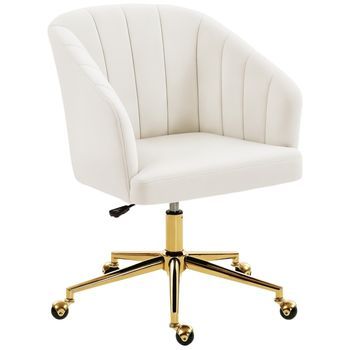 Silla De Oficina Efecto Terciopelo Giratoria Con Altura Ajustable Y Base De Acero Blanco Crema