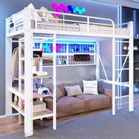 cama altillo 90 x 200 cm estructura hierro almacenaje red colgador espacio abierto tira led sin colchon blanco