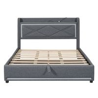 cama contenedor de tela de lino 140x200cm con led y puertos usb gris