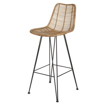 Taburete alto con respaldo de mimbre y acero negro, 75 cm