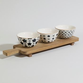 Set de 3 cuencos de aperitivo de cerámica y bandeja de madera