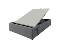 comoda cama tapizada 90200 cm - tela de lino - con enchufes de carga y cojin de laminas - gris
