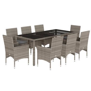 Set Comedor Jardín 9 Pzas Y Cojines Ratán Sintético Vidrio Gris Vidaxl