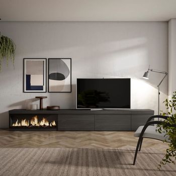 Mueble tv efecto madera negro 317x35x45cm chimenea efecto fuego