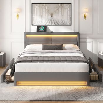 Cama Doble 140x200 Gris Cuero Sintético, Led, Carga Inalámbrica/cable, 4 Cajones, Sin Colchón