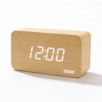 Reloj Despertador Madera SODANY LED Tiempo Temperatura Control Voz 3 Alarmas Brillo Ajustable USB/AAA Decoración Moderna
