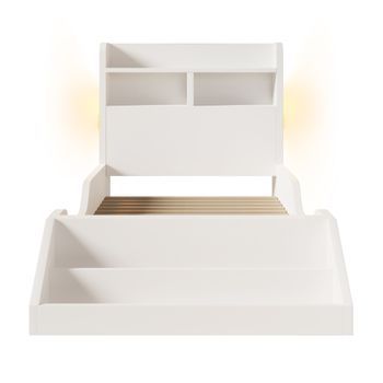 Cama Blanca 90 X 200 Cm Con Cabecero Estantería, Librero Extraíble Y 2 Luces Nocturnas