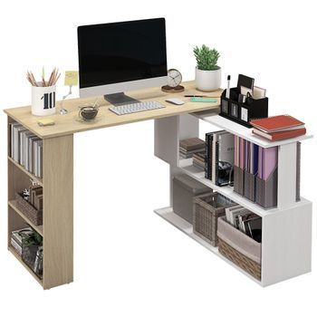 Escritorio De Esquina Modular De Melamina, Homcom, 120 × 110 × 74,5 Cm – Blanco Y Madera Natural