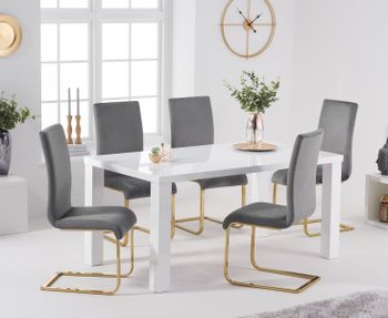 Atlanta 160cm White High Gloss Table with Malaga Velvet Chairs - Grey, 4 Chairs